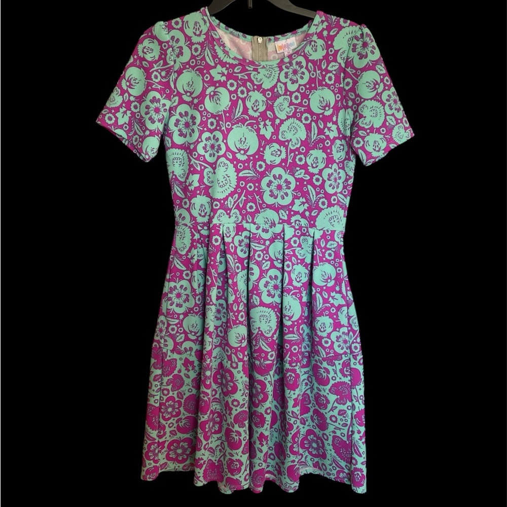 LuLaRoe Magenta and Teal Floral Dress with Pockets